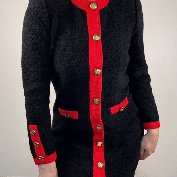 Vintage 1980s Adolfo New York Black Boucle Long Cardigan Knit Coat Dress - Picture 4 of 14